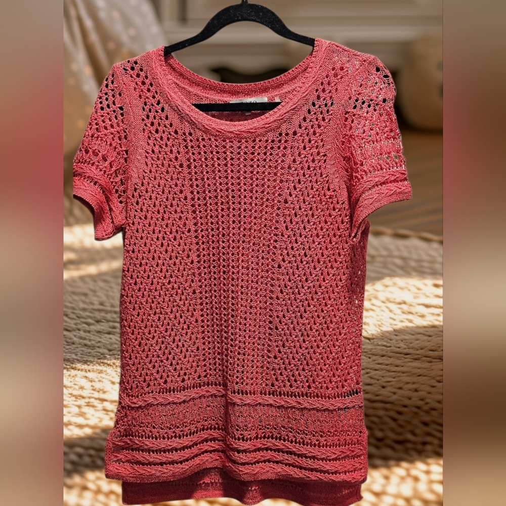 Zozo Coral Open Knit Crochet Sweater Tunic Top Size M